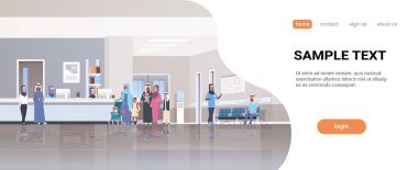 Arapça hijab ayakta satır sıraya hastane Resepsiyon salonu doktorlar istişare sağlık kavramı klinik iç tam uzunlukta yatay kopya alanı bekleyen hastalarda