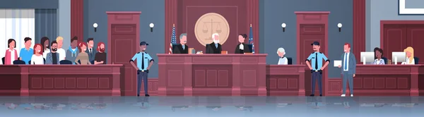 裁判官陪審員の容疑者と警察官の弁護士や弁護士は音声裁判所セッション現代裁判所法廷内部全長水平バナーを与える法プロセス — ストックベクタ