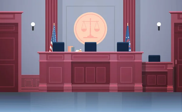 Salle d'audience vide avec juge chaises de travail et table justice intérieure moderne palais de justice et concept de jurisprudence horizontale — Image vectorielle