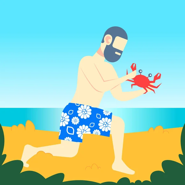 Bearded man holding big red crab with claws on sea beach summer vacation concept male cartoon character full length flat seaside — Stock Vector