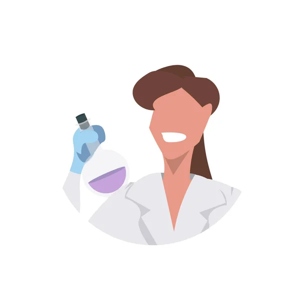 흰색 유니폼 의료 노동자 전문 직업 개념 흰색 배경 평면 초상화에 테스트 튜브 얼굴 아바타 여자 실험실 기술자를 보유 하는 여성 과학자 — 스톡 벡터