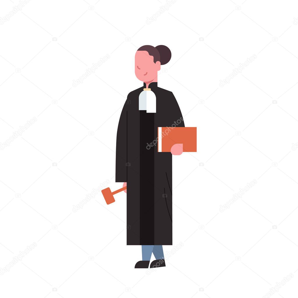 judge woman court worker in judicial robe holding book and hummer low justice professional occupation concept female cartoon character full length white background flat