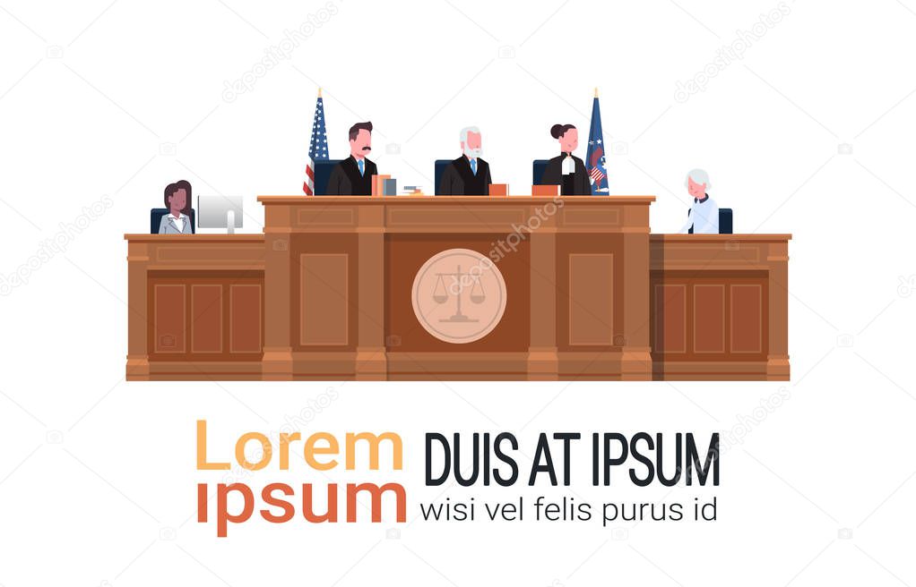 law process with judge secretary suspect sitting at workplace wooden tribune court session white background copy space horizontal
