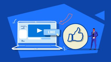 işadamı ile sembol simge başarılı sosyal medya geribildirim video içerik konsept dizüstü bilgisayar ekran tam uzunlukta kroki doodle yatay pazarlama gibi Yaşasın