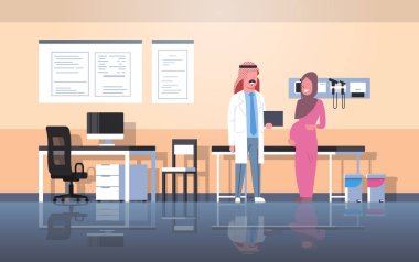Tesettür kadın hastalıkları Danışma sağlık kavramı modern Hastane Klinik dolap iç tam uzunlukta yatay olarak ziyaret erkek jinekolog doktor hamile Arap kadın