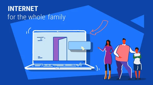 両親と息子のラップトップ コンピューターの web ブラウザーを使用してインターネット情報完全な長さを検索全体の家族のオンライン閲覧概念の人々 をスケッチの落書き水平 — ストックベクタ