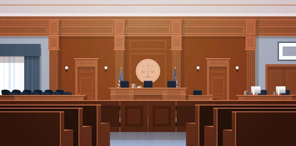 Salle d'audience vide avec juge et secrétaire lieu de travail jury box sièges justice intérieure moderne et concept de jurisprudence horizontale — Image vectorielle