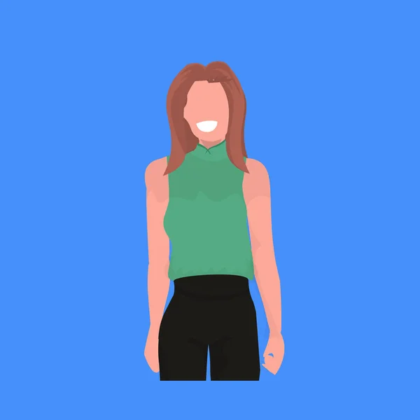 Attrayant femme d'affaires pose debout souriant cheveux bruns femme d'affaires employé de bureau femme dessin animé personnage portrait plat fond bleu — Image vectorielle