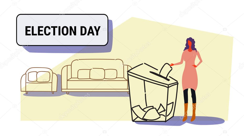 election day concept businesswoman voter putting paper ballot list in box during voting casual woman female character full length sketch doodle horizontal