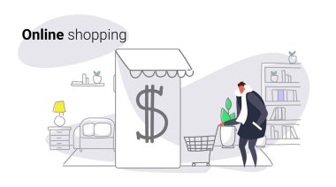 mobil uygulama online kullanan adam alışveriş kavramı erkek müşteri arabası kartı smartphone ekran modern oturma odası iç kroki tam uzunlukta yatay tutarak Pazar