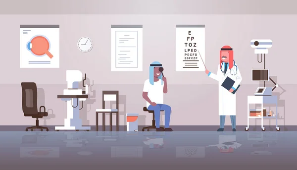 Arab ophthalmologist checking african arabic man patient eyesight doctor in hijab and uniform pointing letters at eye chart healthcare concept oculists office interior horizontal banner — Stock Vector