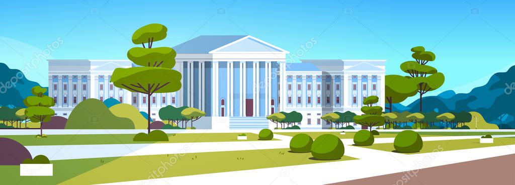 supreme court building with columns government house of justice exterior architecture design courthouse front yard with green grass and trees landscape horizontal banner flat
