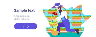 Sakallı bahçıvan sera bahçe çiftlik iç organik bahçe kavramı erkek çizgi film karakteri tam uzunlukta düz yatay kopya alanı içinde genç çiçek dikim