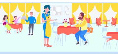 hizmet ve kafe insanlarda tablo modern Restoran iç yatay tam uzunlukta düz oturan ziyaretçi emir istemcilerinden gelen garsonlar