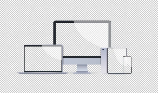 Ρεαλιστική ηλεκτρονικές συσκευές mockup οριστεί laptop οθόνη tablet και το smartphone με άδειο κενή οθόνη ψηφιακή τεχνολογία έννοια διαφανές φόντο οριζόντιων — Διανυσματικό Αρχείο