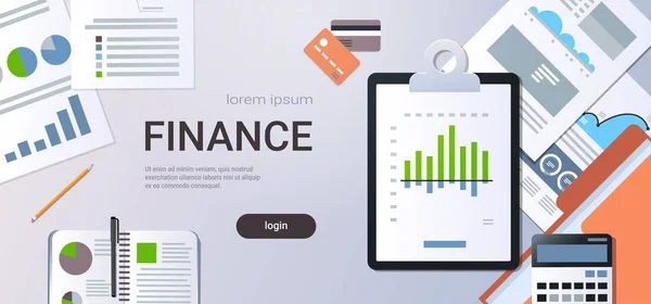 Finance chart diagram business statistic concept top angle view workplace desktop with paper documents checklist financial analytic report office stuff copy space horizontal — Stock Vector