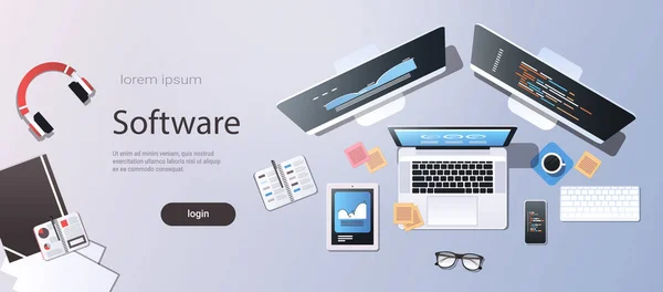Design software entwicklung programmierung konzept obere winkelansicht desktop computer monitor tablette smartphone laptop bildschirm office stuff horizontal kopierraum — Stockvektor