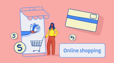 mobil uygulama online kullanan kadın arabası kartı smartphone ekran kroki akışı tarzı tam uzunlukta yatay holding alışveriş kavramı kadın müşteri Pazar