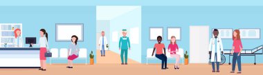 yarış hastalar ve doktorlar hastane bekleme salonunda mix Resepsiyon koltuk ve yatak helthcare kavramı tıbbi klinik koridor ile iç yatay düz