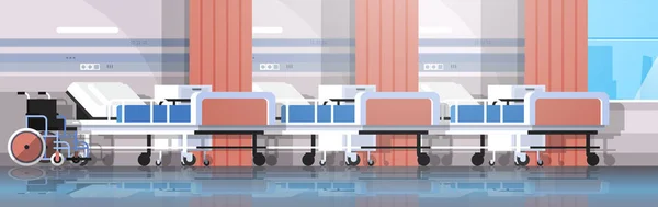 Sala de hospital terapia intensiva interior enfermaria cuidados de enfermagem leitos e cadeira de rodas vazio não pessoas moderna clínica mobiliário horizontal banner —  Vetores de Stock