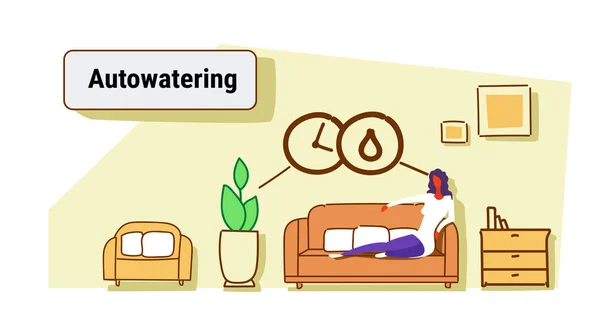 Mujer sentada sofá usando riego automático aplicación casa inteligente tecnología sistema concepto moderno sala de estar interior boceto flujo estilo horizontal — Vector de stock