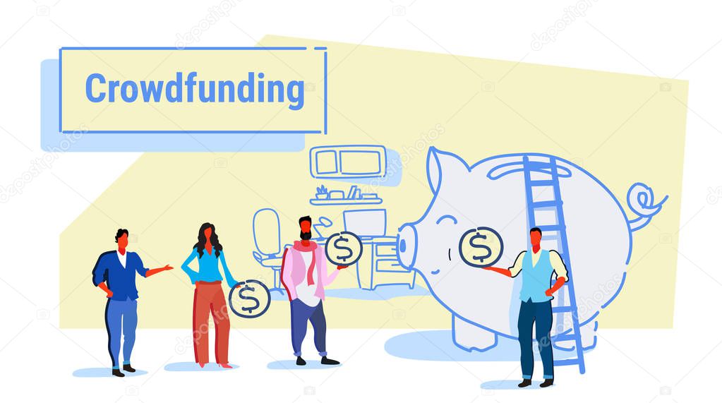 businesspeople group investment money investor crowdfunding concept business people investing dollar coins piggy bank crowd funding office interior sketch horizontal