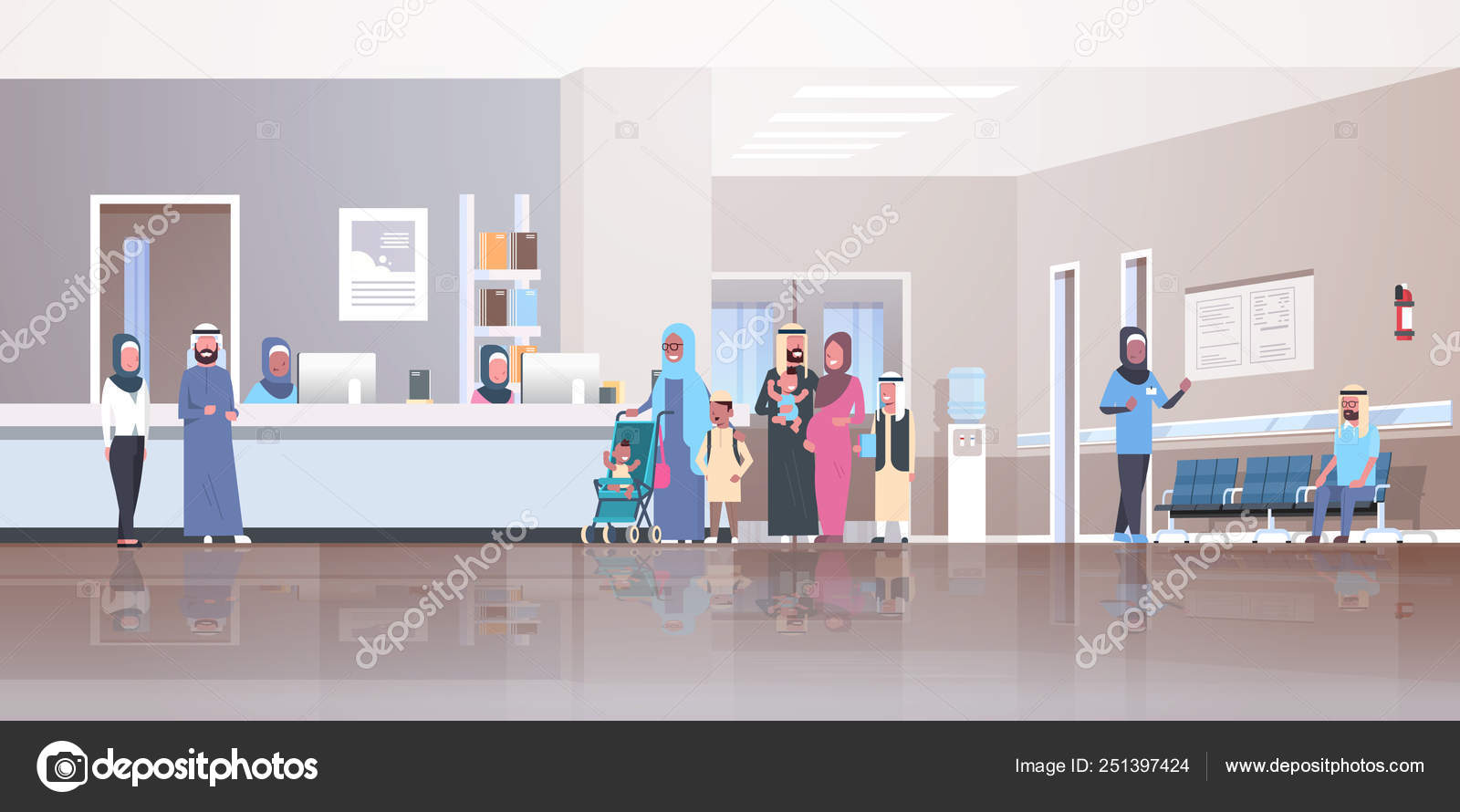 Arabic Patients In Traditional Clothes Standing Line Queue At