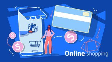 işkadını mobil uygulama kullanma online alışveriş kavramı kadın müşteri arabası kartı smartphone ekran kroki tam uzunlukta yatay tutarak Pazar
