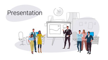 iş adamları flip grafik mali sunu kavramı iş insanlar ekip çalışması modern ofis iç kroki doodle tam uzunlukta yatay toplantı eğitim konferans grup