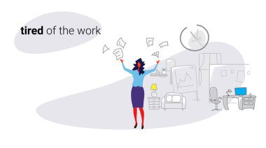 tatminsiz kadın patron kağıtları belgeleri kötü iş kavramı kızgın işkadını işveren modern ofis iç kroki doodle yatay atma