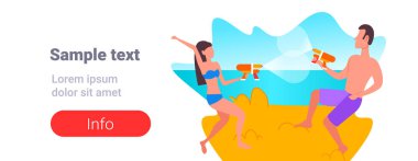 mutlu çift su tabanca silah oynamak plaj su savaş yaz tatil kavramı yaz silah tam uzunlukta düz yatay kopya alanı üzerinde eğleniyor kadın adam