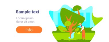 Bahçıvan sulama tesisleri ve modern Bahçe erkek çizgi film karakteri tam uzunlukta düz manzara arka plan yatay kopya alanı ağaçlarda sakallı