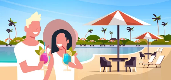 Happy couple drinking cocktails relaxing by swimming pool man woman having fun together summer vacation concept landscape background flat portrait — Stock Vector