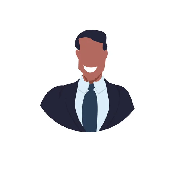 아프리카계 미국인 사업가 얼굴 아바타 비즈니스 남자 사무실 작업자 남성 만화 캐릭터 초상화 평면 흰색 배경 — 스톡 벡터