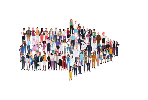 mix race people group different occupation standing together in arrow shape pointing direction concept male female workers full length horizontal banner flat white background