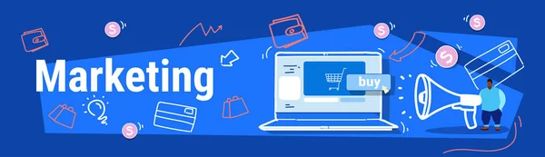 Uomo africano che tiene altoparlante utilizzando l'applicazione per computer shopping online concetto di marketing digitale schermo portatile schizzo doodle banner orizzontale — Vettoriale Stock