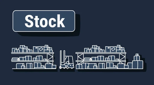 Wózek widłowy w duży magazyn wnętrze pusty nie osób logistyczne dostawy usługi czas koncepcja regały magazynowe z poziome doodle szkic kartony — Wektor stockowy