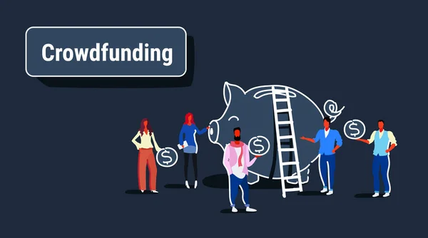 Επιχειρηματίες ομάδα επένδυσης χρήματα επενδυτών crowdfunding έννοια επιχειρηματίες επενδύουν δολάριο νομίσματα κουμπαράς χρηματοδότηση σκούρο φόντο σκίτσο οριζόντια — Διανυσματικό Αρχείο