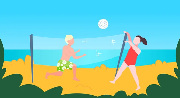 Hombre mujer jugando voleibol pareja con volley ball divertirse en la playa mar estilo de vida activo vacaciones verano concepto dibujos animados personajes a lo largo de la playa horizontal — Vector de stock