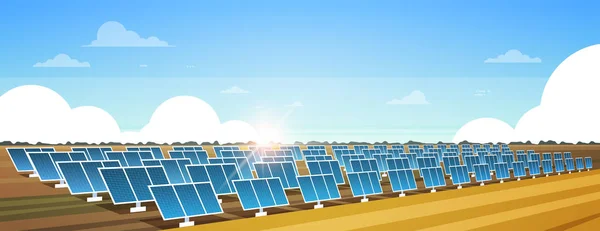 Ηλιακής ενέργειας πάνελ πεδία ανανεώσιμες σταθμό εναλλακτική ηλεκτρική ενέργεια πηγή έννοια φωτοβολταϊκά συνοικία sunrise τοπίο φόντο οριζόντια banner επίπεδη — Διανυσματικό Αρχείο