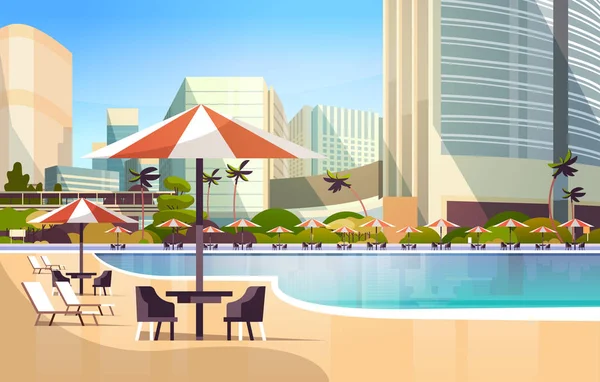 Luxury city hotel swimming pool resort with umbrellas desks and chairs restaurant furniture around summer vacation concept cityscape background horizontal vector illustration — Stock Vector