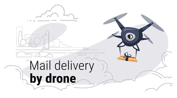 Quadricottero espresso consegna posta aerea da drone concetto moderno città edifici paesaggio urbano sfondo schizzo doodle orizzontale — Vettoriale Stock