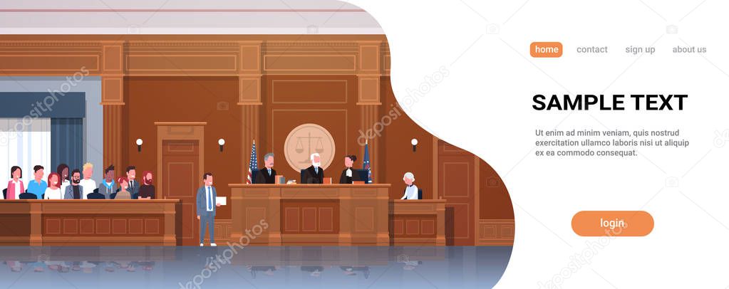 law process with judge jury suspect and lawyer or attorney giving a speech court session modern courtroom interior full length horizontal banner copy space