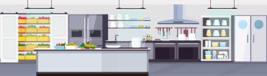 Modern ticari Restoran mutfak iç sağlıklı gıda meyve ve sebze yemek ve mutfak konsepti ile boş yok insanlar yatay banner düz