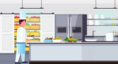 Şef Aşçı plaka ile taze taşıyan meyve sebze yemek yemek malzemeleri kiti yemek ve mutfak mutfak konsepti modern ticari Restoran iç yatay düz