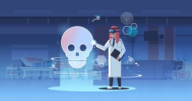 sanal gerçeklik kafatası insan organ anatomi sağlık tıbbi vr kulaklık vizyon kavramı hastane ofis iç tam uzunlukta yatay seyir dijital gözlüklü Arap doktor