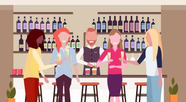 kokteyller ve hizmet mix yarış kadınlar istemcileri sayaç modern Restoran iç düz yatay dikey bar, şampanya içiyor gözlük barmen barmen dökülen içki