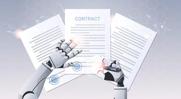 Robot handen håller pennan signaturdokumentet undertecknande upp kontraktet humanoid tecken avtal toppvinkel Visa artificiell intelligens digital futuristiska teknik begreppet horisontella — Stock vektor
