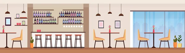 Moderno bar de cócteles con botellas de alcohol vacío no personas restaurante interior mostrador sillas altas mesas plana pancarta horizontal — Vector de stock