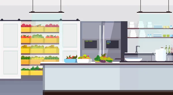 Moderne gewerbliche Restaurantküche Innenraum mit gesundem Essen Obst und Gemüse Kochen und kulinarisches Konzept leer keine Menschen horizontale Wohnung — Stockvektor